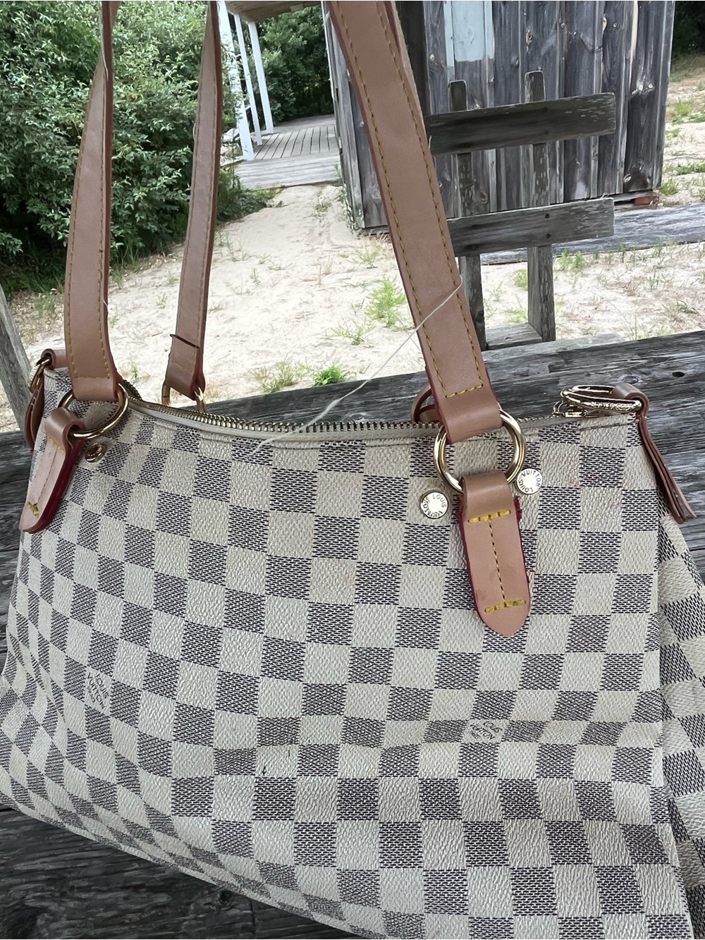 Designer-Style Cream checkered Shoulder Bag with Tan Trim and leather tassels - Picture 3 of 14